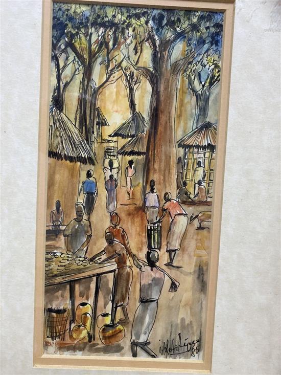 I. Kofi Aige, ink and watercolour, African market scene, signed and dated 86, 23 x 11cm